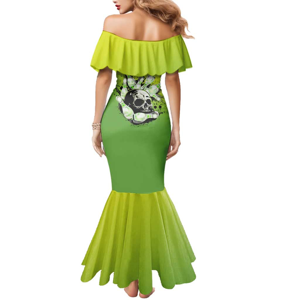 Personalized Skull Bowling Family Matching Mermaid Dress and Hawaiian Shirt with Neon Green Strike Design - Edgy Bowler Style - Wonder Print Shop