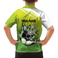 Personalized Skull Bowling Family Matching Off The Shoulder Long Sleeve Dress and Hawaiian Shirt with Neon Green Strike Design - Edgy Bowler Style - Wonder Print Shop