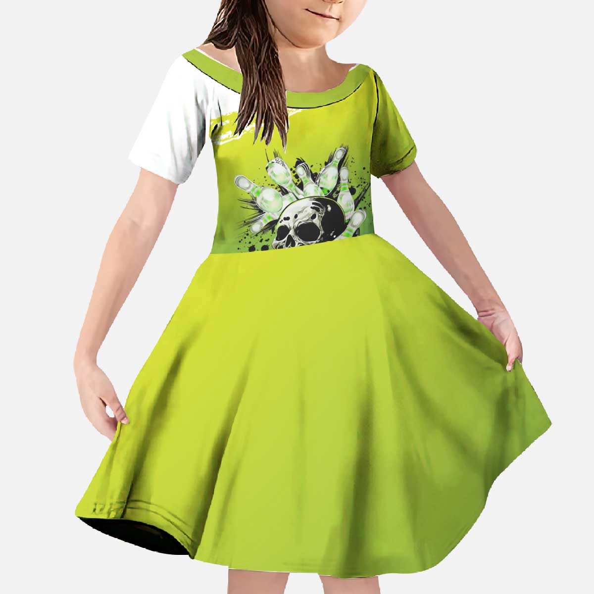 Personalized Skull Bowling Family Matching Off The Shoulder Long Sleeve Dress and Hawaiian Shirt with Neon Green Strike Design - Edgy Bowler Style - Wonder Print Shop