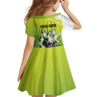Personalized Skull Bowling Family Matching Off The Shoulder Long Sleeve Dress and Hawaiian Shirt with Neon Green Strike Design - Edgy Bowler Style - Wonder Print Shop
