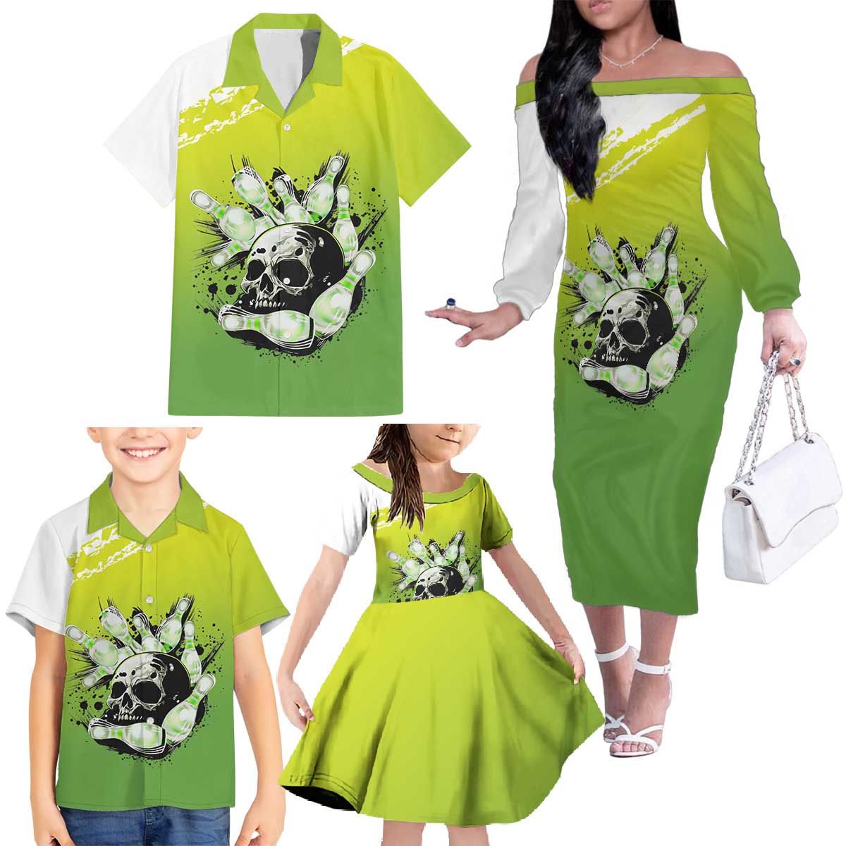 Personalized Skull Bowling Family Matching Off The Shoulder Long Sleeve Dress and Hawaiian Shirt with Neon Green Strike Design - Edgy Bowler Style - Wonder Print Shop