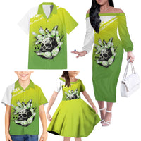 Personalized Skull Bowling Family Matching Off The Shoulder Long Sleeve Dress and Hawaiian Shirt with Neon Green Strike Design - Edgy Bowler Style - Wonder Print Shop