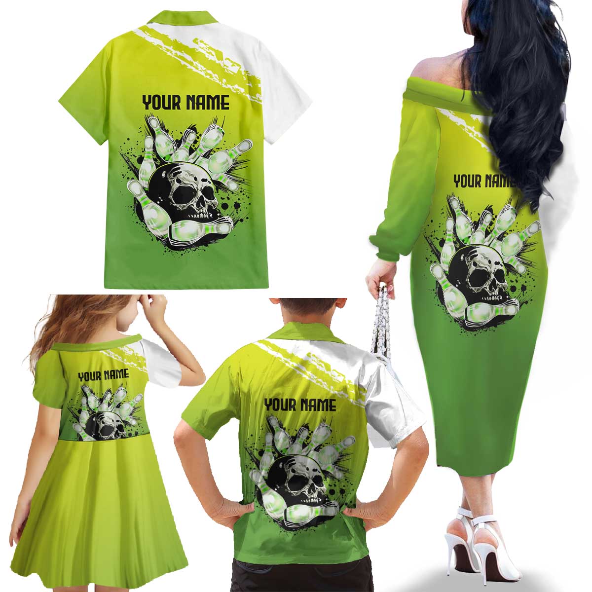 Personalized Skull Bowling Family Matching Off The Shoulder Long Sleeve Dress and Hawaiian Shirt with Neon Green Strike Design - Edgy Bowler Style - Wonder Print Shop