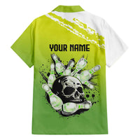 Personalized Skull Bowling Family Matching Off The Shoulder Long Sleeve Dress and Hawaiian Shirt with Neon Green Strike Design - Edgy Bowler Style - Wonder Print Shop