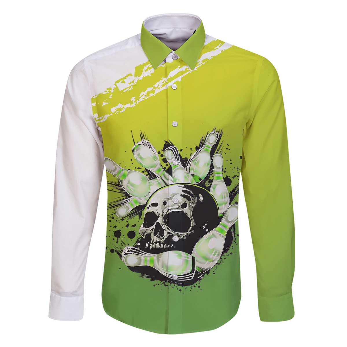Personalized Skull Bowling Family Matching Off The Shoulder Long Sleeve Dress and Hawaiian Shirt with Neon Green Strike Design - Edgy Bowler Style - Wonder Print Shop