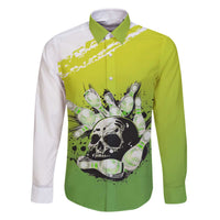 Personalized Skull Bowling Family Matching Off The Shoulder Long Sleeve Dress and Hawaiian Shirt with Neon Green Strike Design - Edgy Bowler Style - Wonder Print Shop