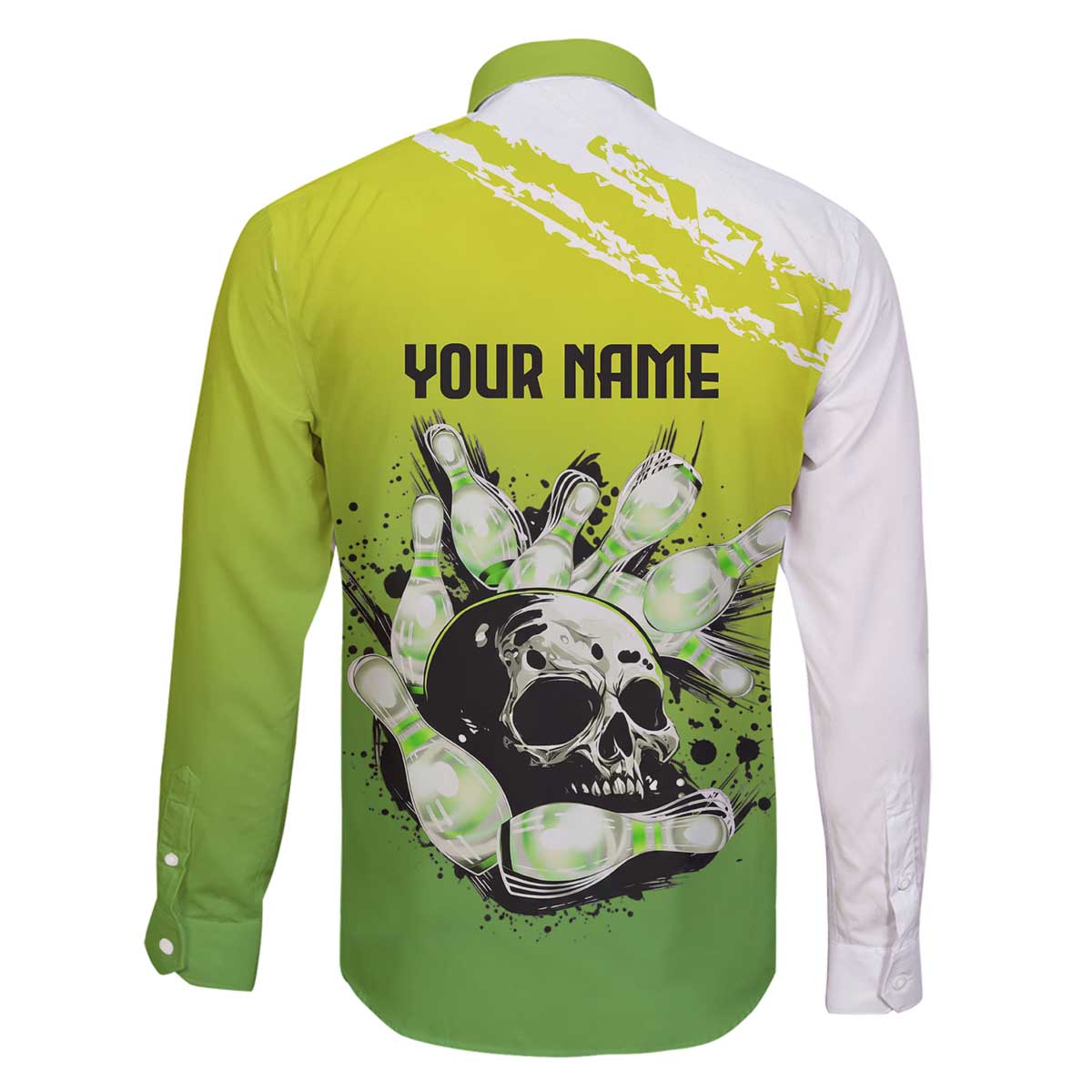 Personalized Skull Bowling Family Matching Off The Shoulder Long Sleeve Dress and Hawaiian Shirt with Neon Green Strike Design - Edgy Bowler Style - Wonder Print Shop