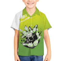 Personalized Skull Bowling Family Matching Off The Shoulder Long Sleeve Dress and Hawaiian Shirt with Neon Green Strike Design - Edgy Bowler Style - Wonder Print Shop