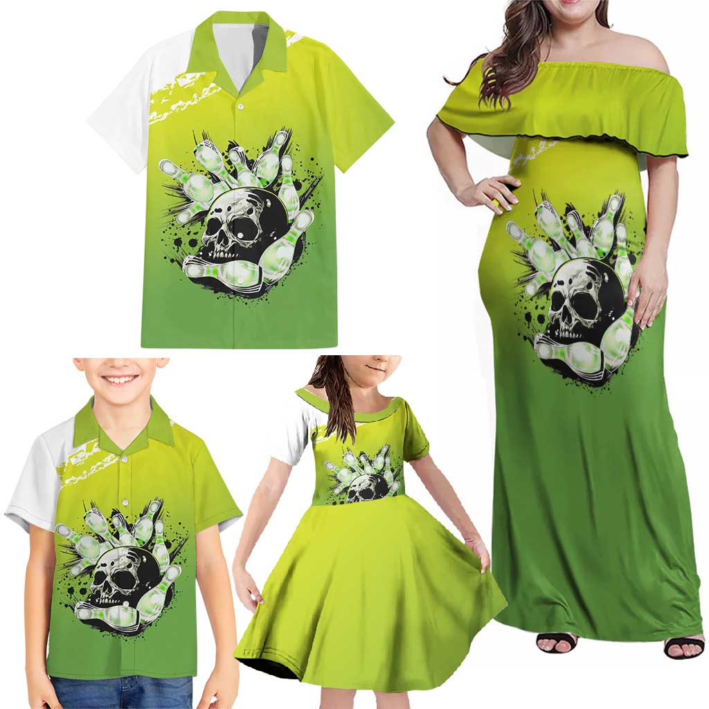 Personalized Skull Bowling Family Matching Off Shoulder Maxi Dress and Hawaiian Shirt with Neon Green Strike Design - Edgy Bowler Style - Wonder Print Shop