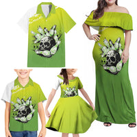 Personalized Skull Bowling Family Matching Off Shoulder Maxi Dress and Hawaiian Shirt with Neon Green Strike Design - Edgy Bowler Style - Wonder Print Shop