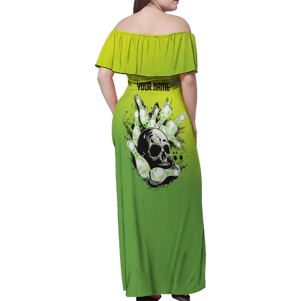 Personalized Skull Bowling Family Matching Off Shoulder Maxi Dress and Hawaiian Shirt with Neon Green Strike Design - Edgy Bowler Style - Wonder Print Shop