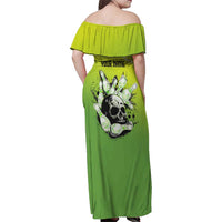 Personalized Skull Bowling Family Matching Off Shoulder Maxi Dress and Hawaiian Shirt with Neon Green Strike Design - Edgy Bowler Style - Wonder Print Shop