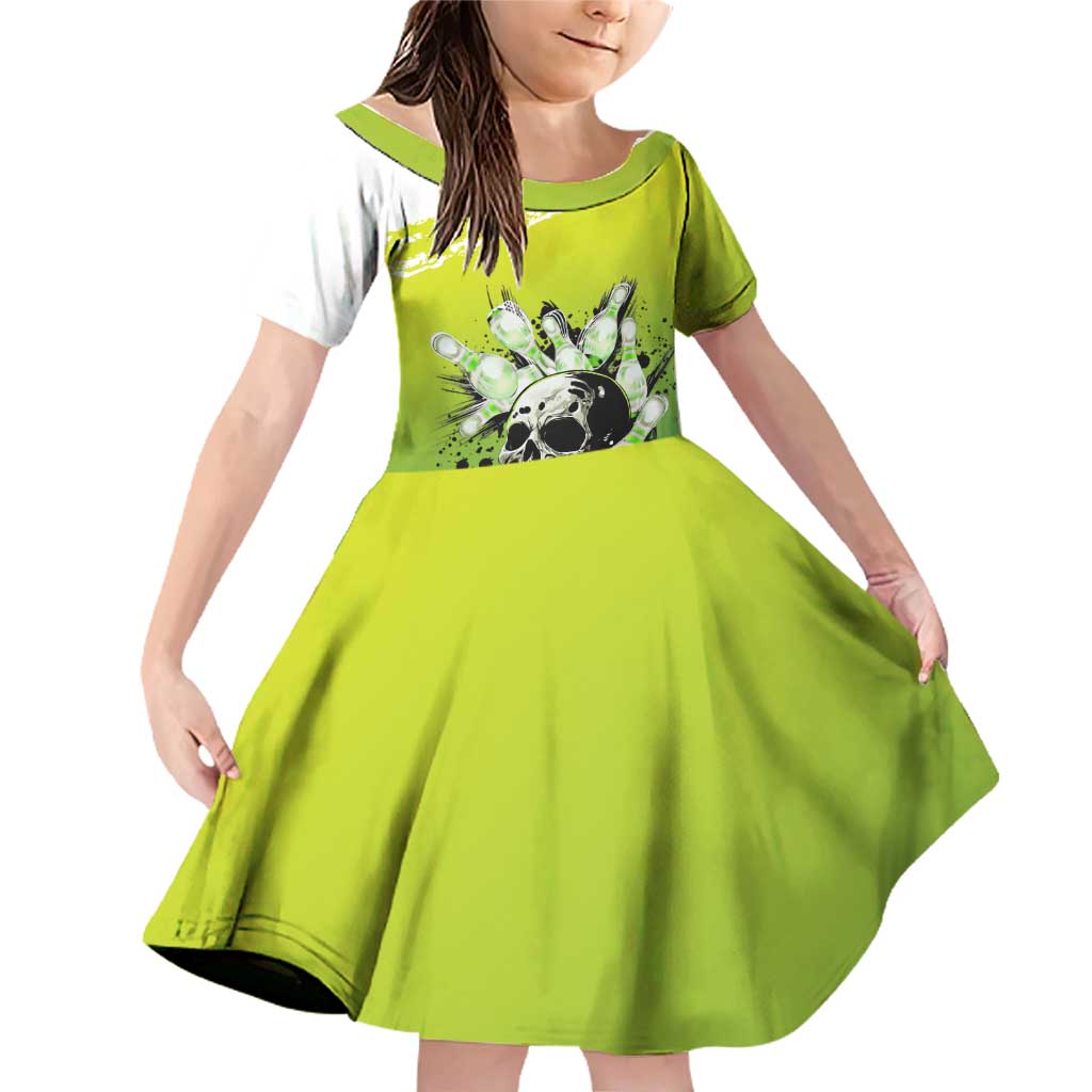 Personalized Skull Bowling Family Matching Off Shoulder Short Dress and Hawaiian Shirt with Neon Green Strike Design - Edgy Bowler Style - Wonder Print Shop