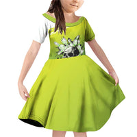 Personalized Skull Bowling Family Matching Off Shoulder Short Dress and Hawaiian Shirt with Neon Green Strike Design - Edgy Bowler Style - Wonder Print Shop