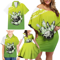 Personalized Skull Bowling Family Matching Off Shoulder Short Dress and Hawaiian Shirt with Neon Green Strike Design - Edgy Bowler Style - Wonder Print Shop