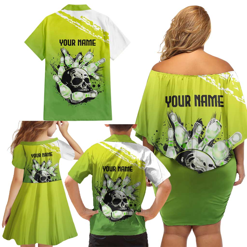 Personalized Skull Bowling Family Matching Off Shoulder Short Dress and Hawaiian Shirt with Neon Green Strike Design - Edgy Bowler Style - Wonder Print Shop