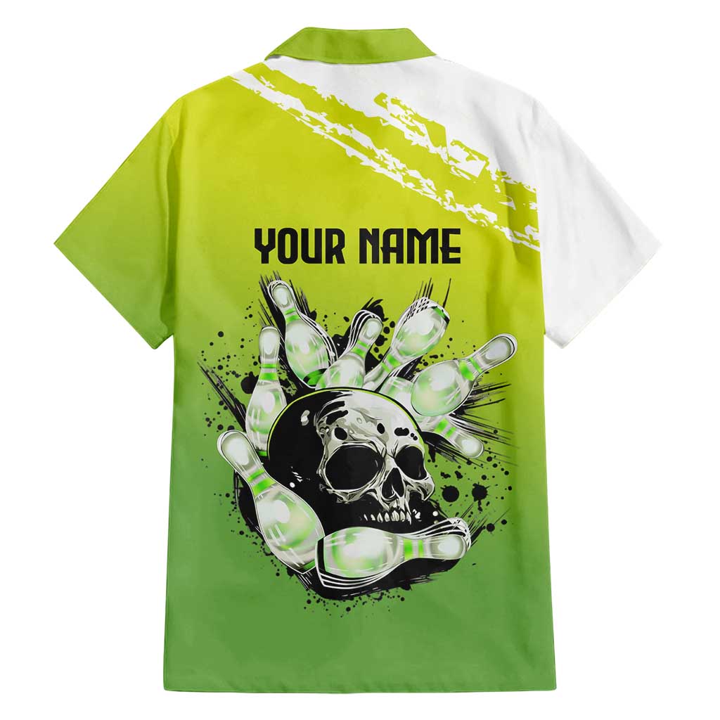 Personalized Skull Bowling Family Matching Off Shoulder Short Dress and Hawaiian Shirt with Neon Green Strike Design - Edgy Bowler Style - Wonder Print Shop