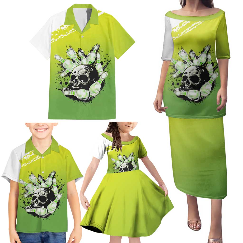 Personalized Skull Bowling Family Matching Puletasi and Hawaiian Shirt with Neon Green Strike Design - Edgy Bowler Style - Wonder Print Shop