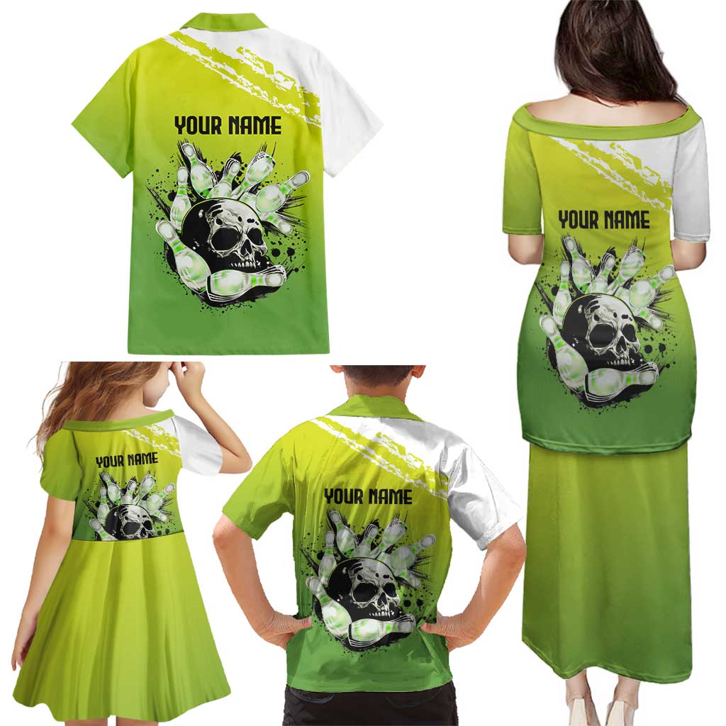 Personalized Skull Bowling Family Matching Puletasi and Hawaiian Shirt with Neon Green Strike Design - Edgy Bowler Style - Wonder Print Shop