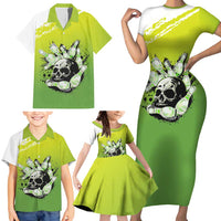 Personalized Skull Bowling Family Matching Short Sleeve Bodycon Dress and Hawaiian Shirt with Neon Green Strike Design - Edgy Bowler Style - Wonder Print Shop
