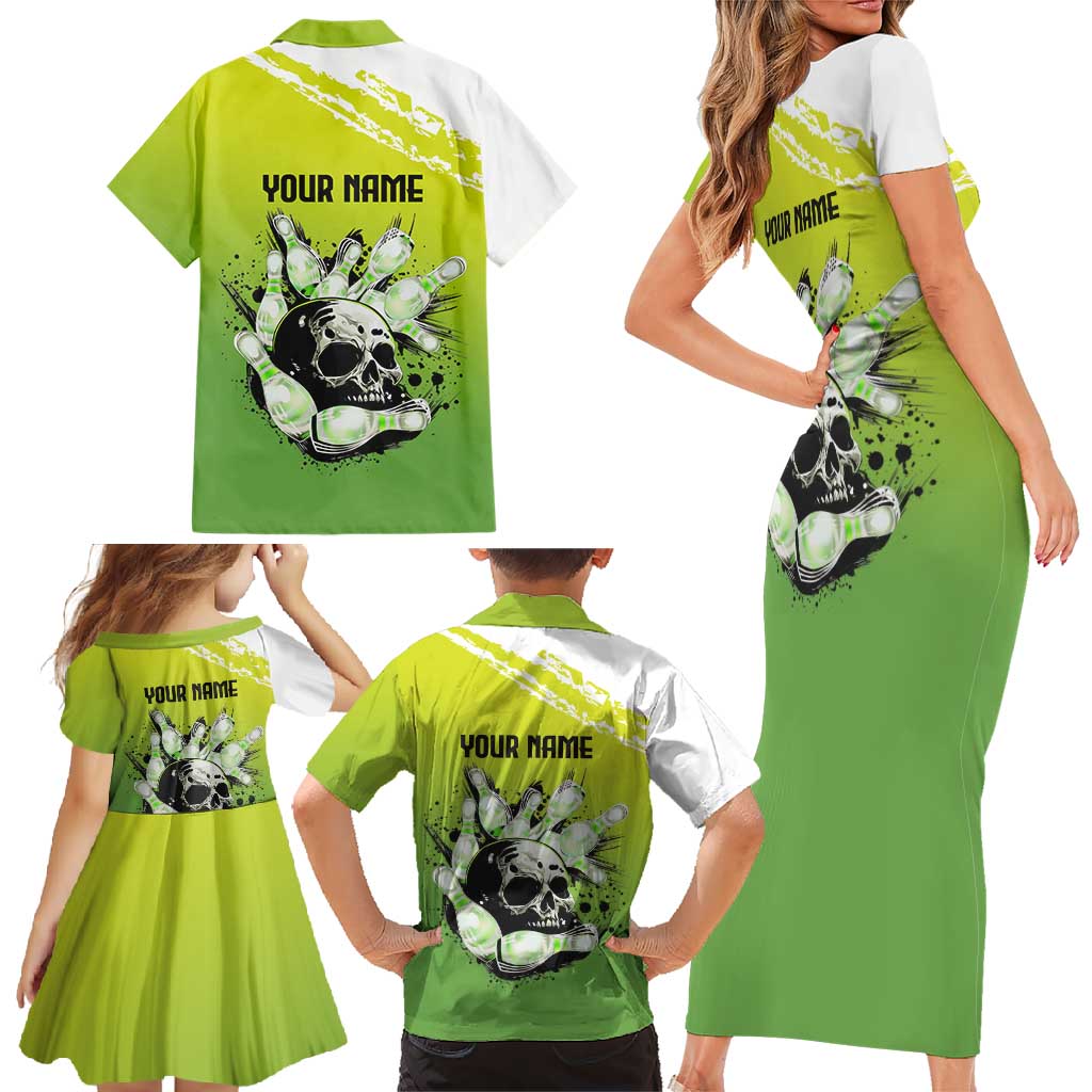 Personalized Skull Bowling Family Matching Short Sleeve Bodycon Dress and Hawaiian Shirt with Neon Green Strike Design - Edgy Bowler Style - Wonder Print Shop