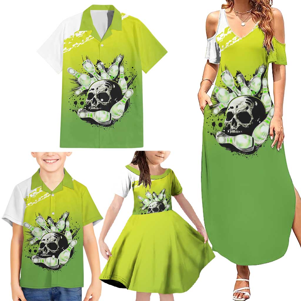 Personalized Skull Bowling Family Matching Summer Maxi Dress and Hawaiian Shirt with Neon Green Strike Design - Edgy Bowler Style - Wonder Print Shop