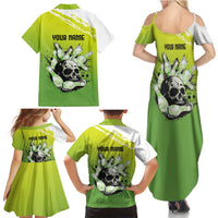 Personalized Skull Bowling Family Matching Summer Maxi Dress and Hawaiian Shirt with Neon Green Strike Design - Edgy Bowler Style - Wonder Print Shop