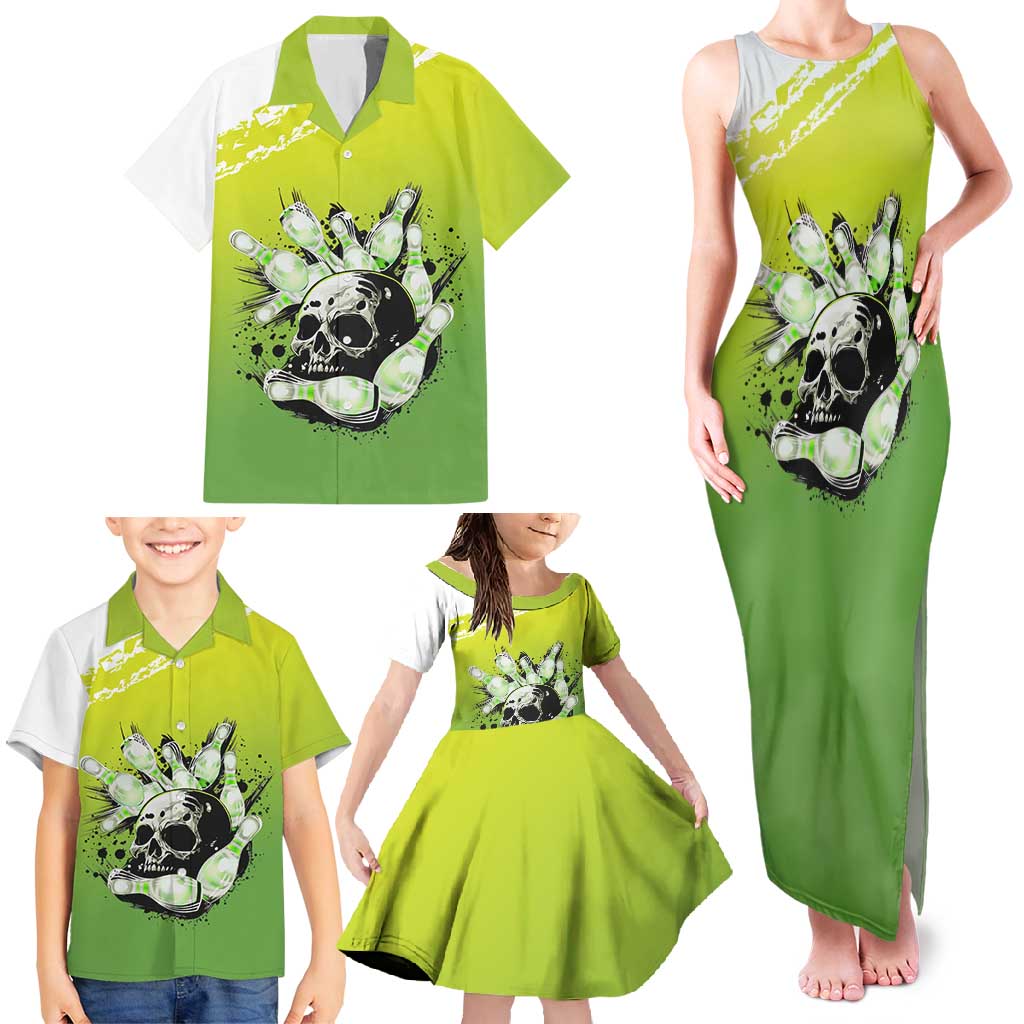 Personalized Skull Bowling Family Matching Tank Maxi Dress and Hawaiian Shirt with Neon Green Strike Design - Edgy Bowler Style - Wonder Print Shop