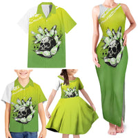 Personalized Skull Bowling Family Matching Tank Maxi Dress and Hawaiian Shirt with Neon Green Strike Design - Edgy Bowler Style - Wonder Print Shop