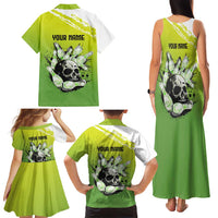 Personalized Skull Bowling Family Matching Tank Maxi Dress and Hawaiian Shirt with Neon Green Strike Design - Edgy Bowler Style - Wonder Print Shop