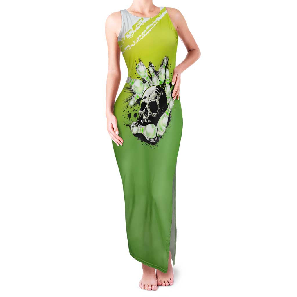 Personalized Skull Bowling Family Matching Tank Maxi Dress and Hawaiian Shirt with Neon Green Strike Design - Edgy Bowler Style - Wonder Print Shop