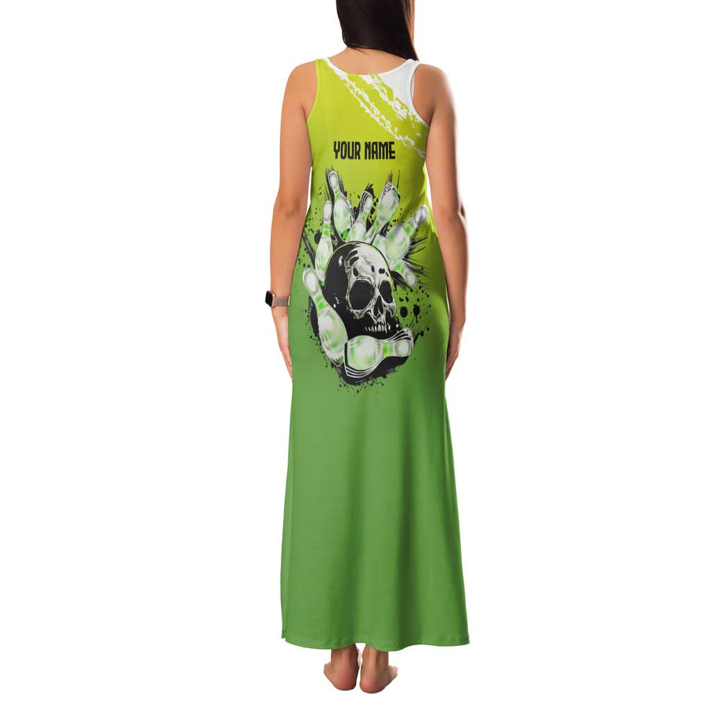 Personalized Skull Bowling Family Matching Tank Maxi Dress and Hawaiian Shirt with Neon Green Strike Design - Edgy Bowler Style - Wonder Print Shop
