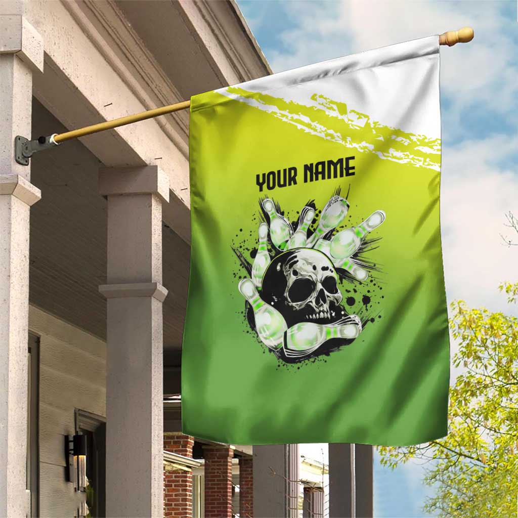 Personalized Skull Bowling Garden Flag with Neon Green Strike Design - Edgy Bowler Style - Wonder Print Shop
