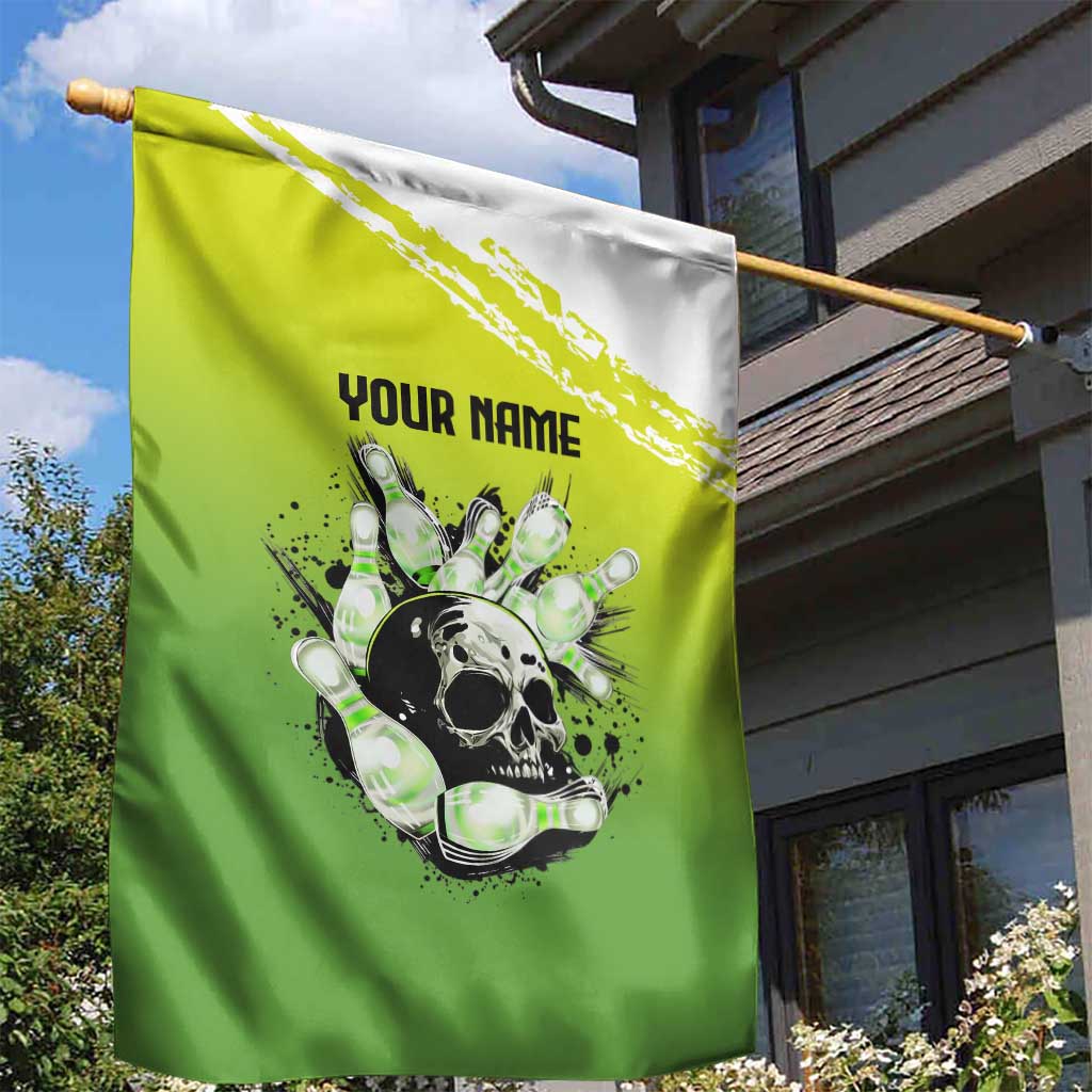 Personalized Skull Bowling Garden Flag with Neon Green Strike Design - Edgy Bowler Style - Wonder Print Shop