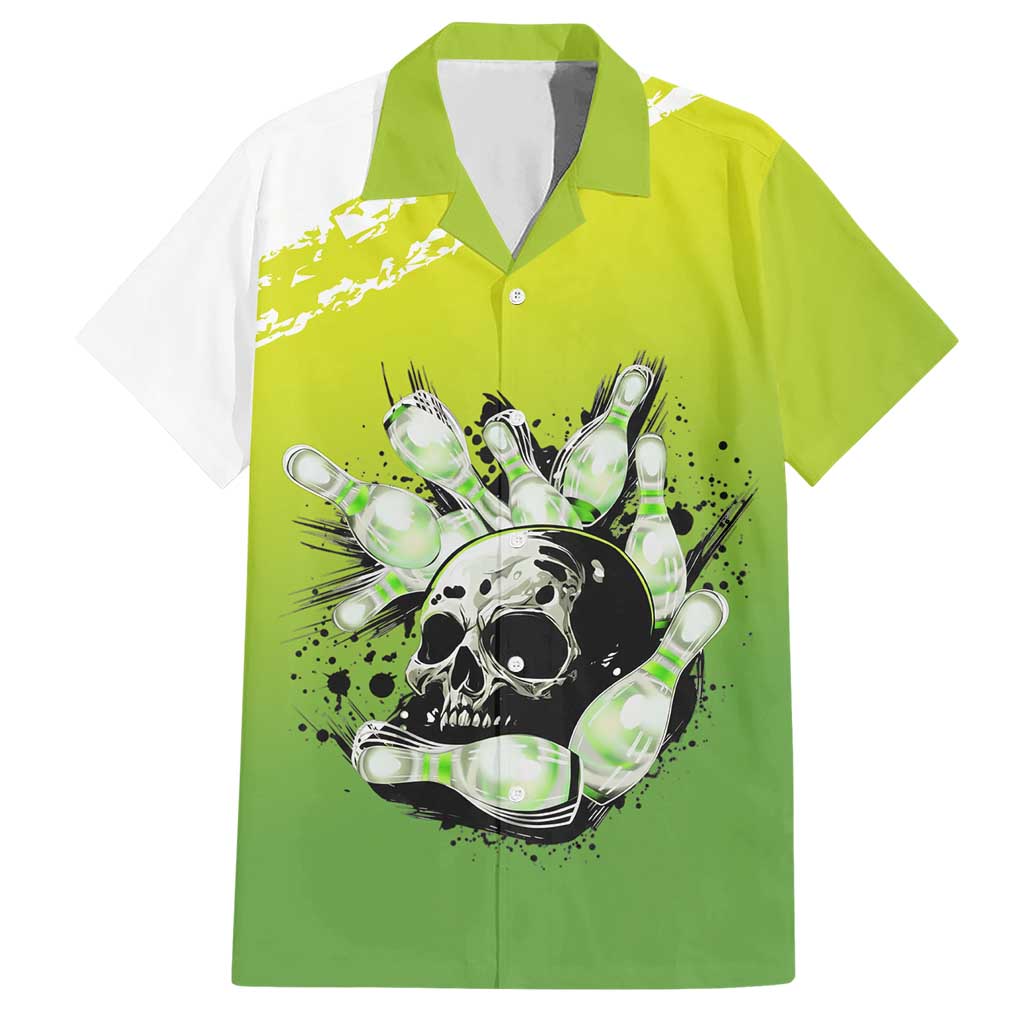 Personalized Skull Bowling Hawaiian Shirt with Neon Green Strike Design - Edgy Bowler Style - Wonder Print Shop