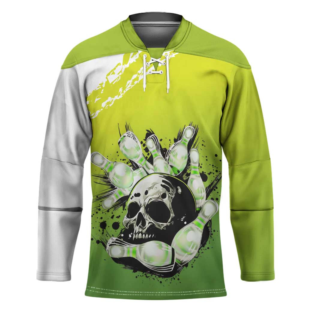 Personalized Skull Bowling Hockey Jersey with Neon Green Strike Design - Edgy Bowler Style - Wonder Print Shop