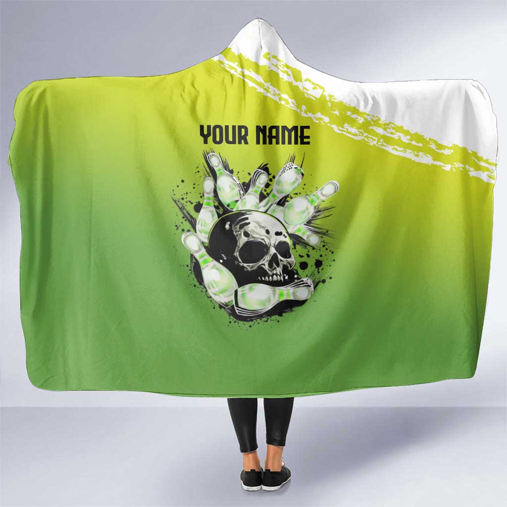 Personalized Skull Bowling Hooded Blanket with Neon Green Strike Design - Edgy Bowler Style - Wonder Print Shop