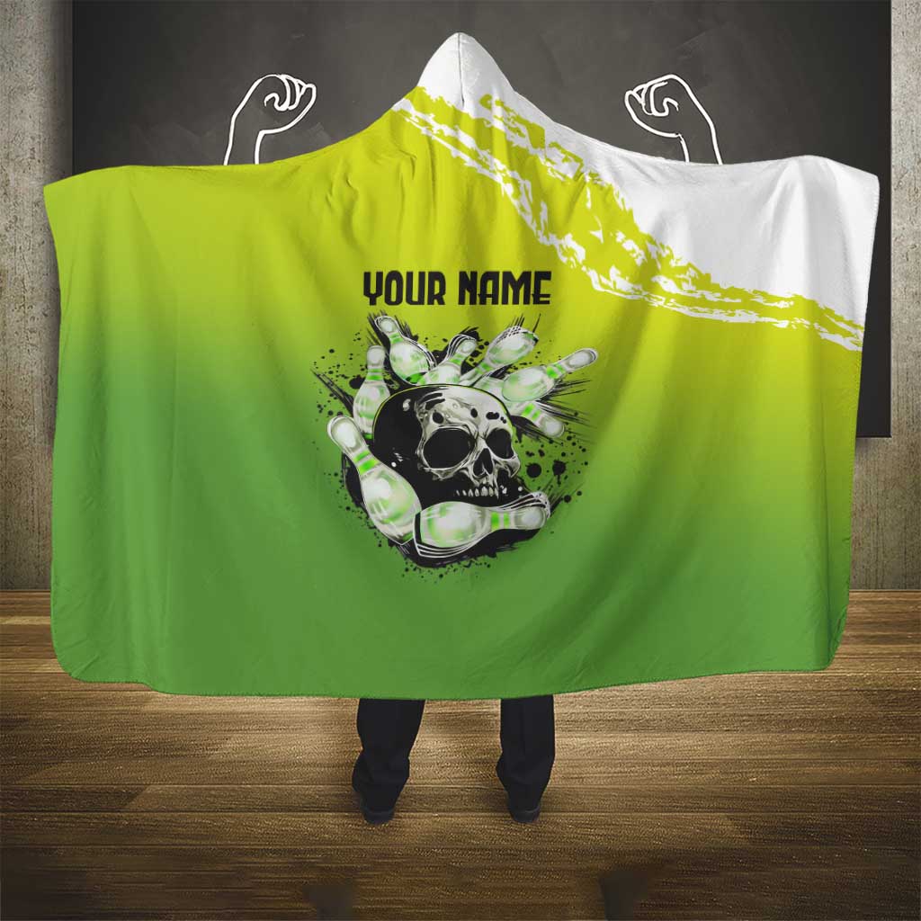 Personalized Skull Bowling Hooded Blanket with Neon Green Strike Design - Edgy Bowler Style - Wonder Print Shop