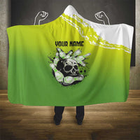 Personalized Skull Bowling Hooded Blanket with Neon Green Strike Design - Edgy Bowler Style - Wonder Print Shop