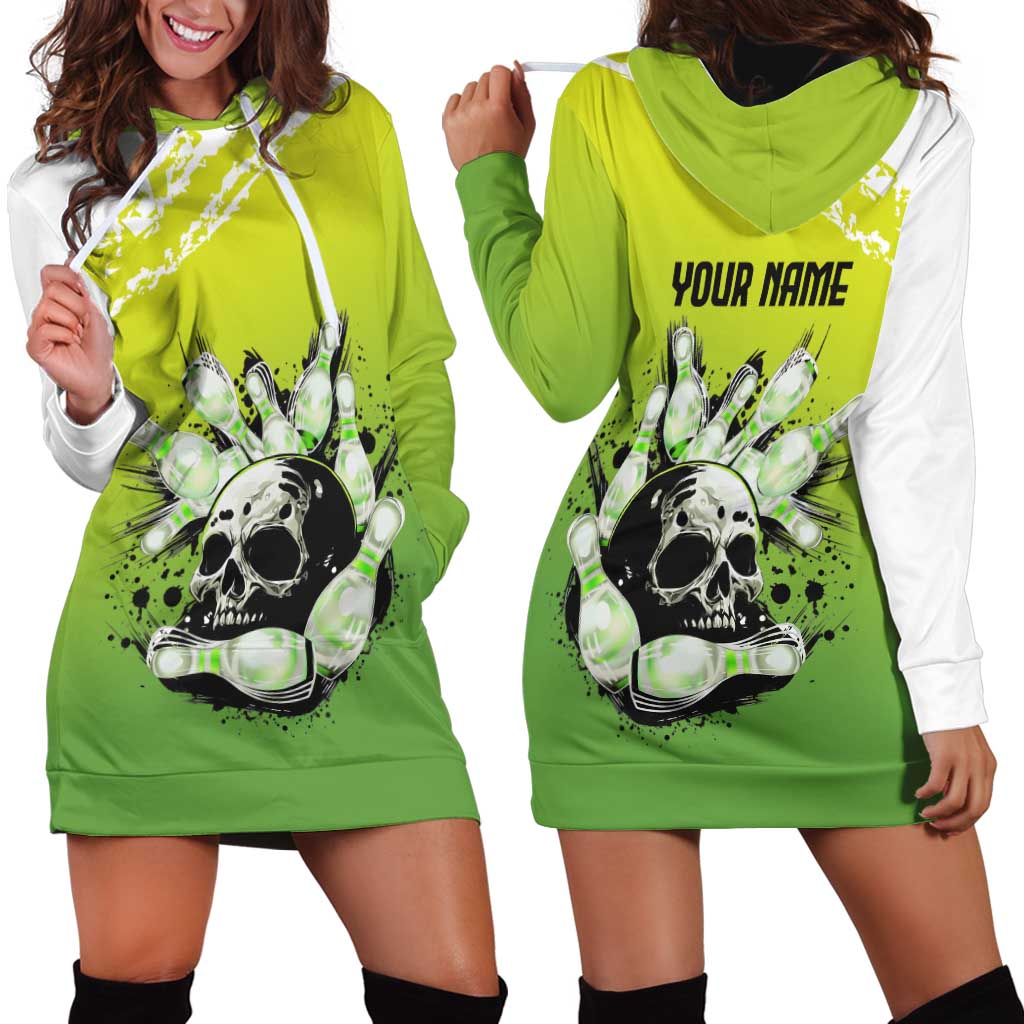 Personalized Skull Bowling Hoodie Dress with Neon Green Strike Design - Edgy Bowler Style - Wonder Print Shop