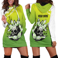 Personalized Skull Bowling Hoodie Dress with Neon Green Strike Design - Edgy Bowler Style - Wonder Print Shop