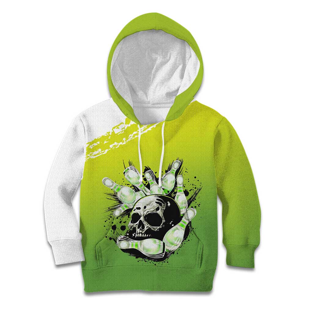 Personalized Skull Bowling Kid Hoodie with Neon Green Strike Design - Edgy Bowler Style - Wonder Print Shop
