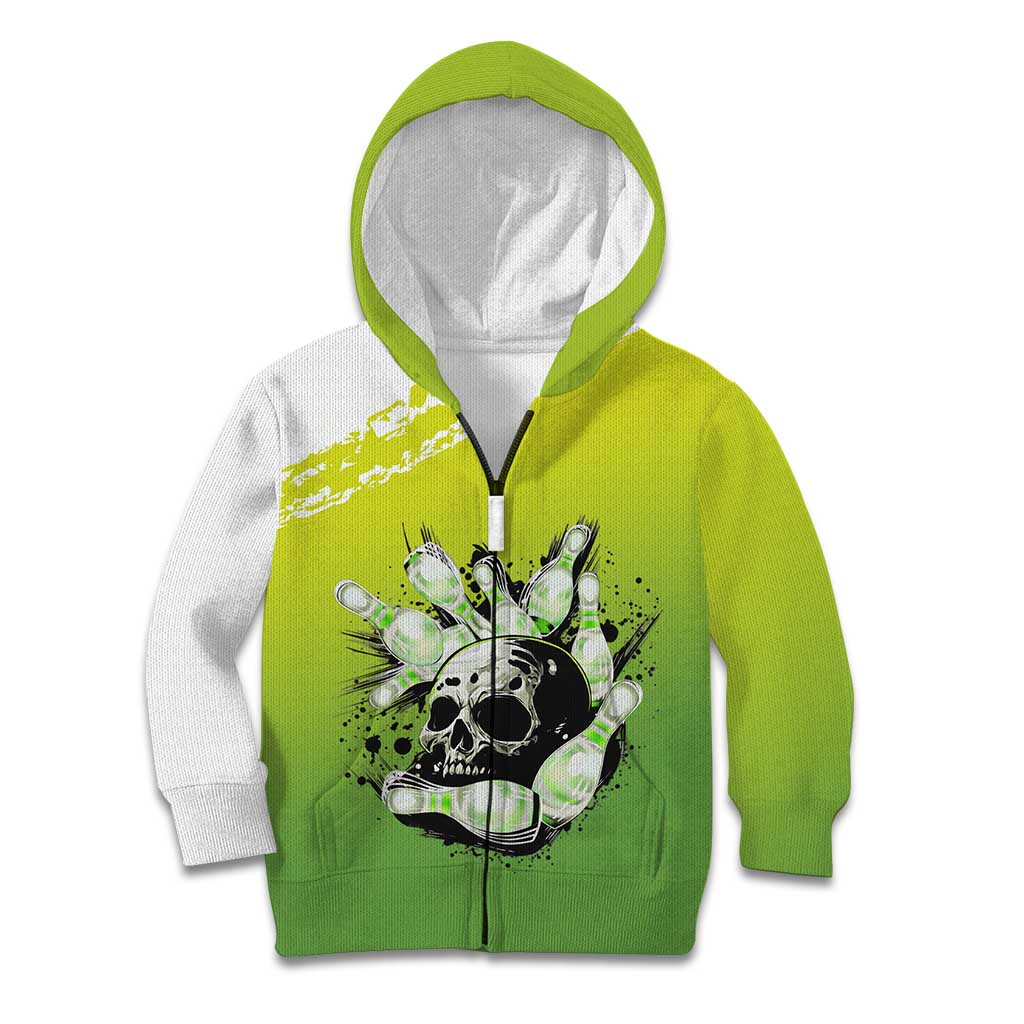Personalized Skull Bowling Kid Hoodie with Neon Green Strike Design - Edgy Bowler Style - Wonder Print Shop