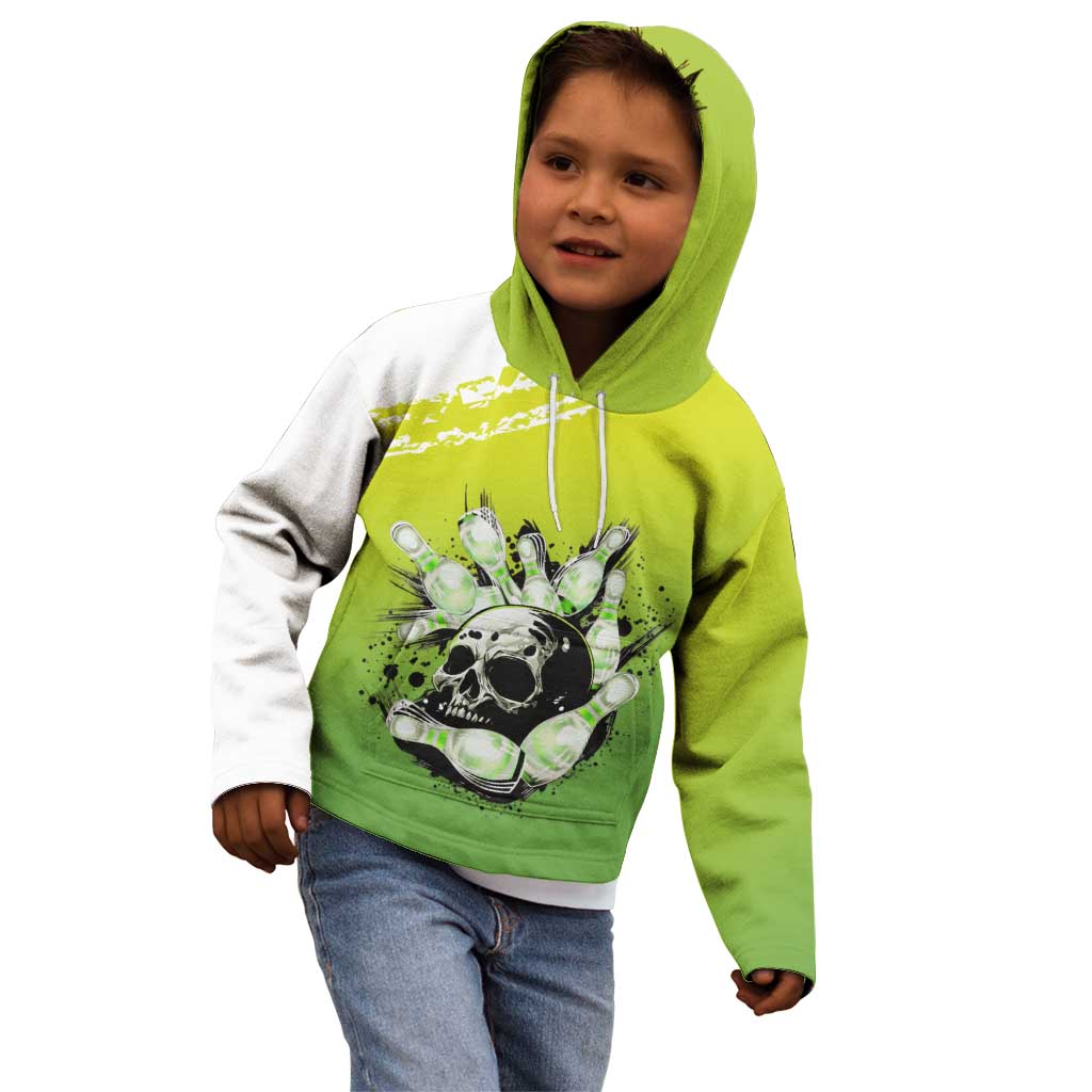 Personalized Skull Bowling Kid Hoodie with Neon Green Strike Design - Edgy Bowler Style - Wonder Print Shop