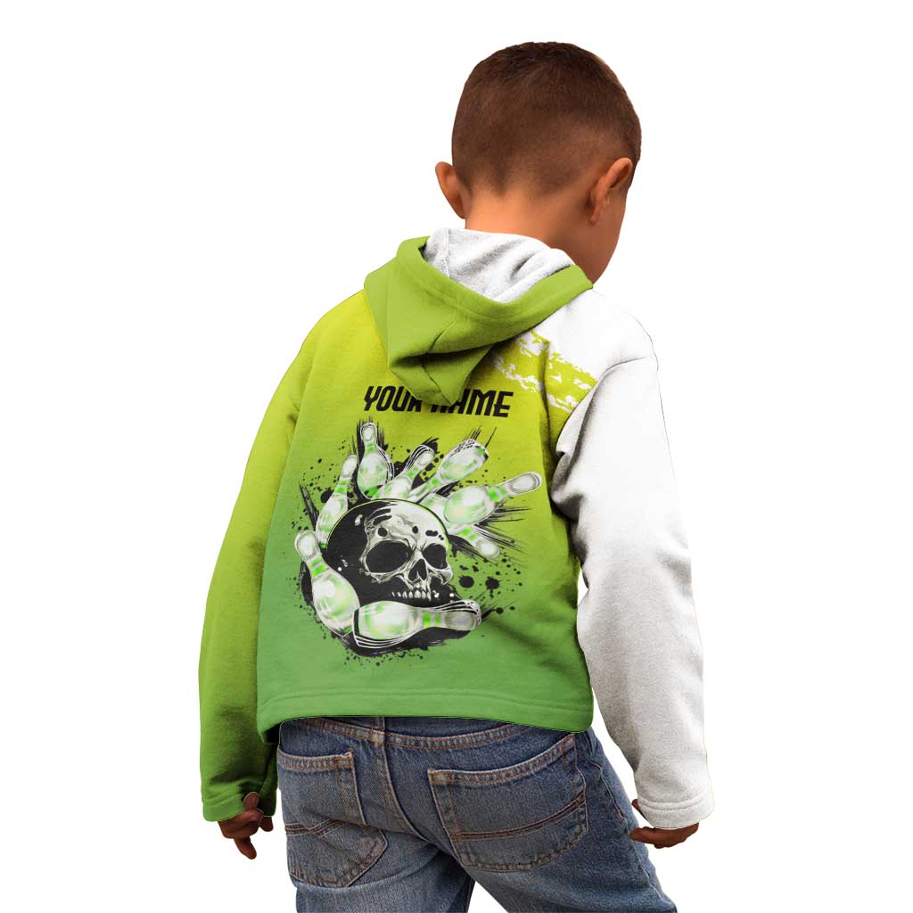Personalized Skull Bowling Kid Hoodie with Neon Green Strike Design - Edgy Bowler Style - Wonder Print Shop