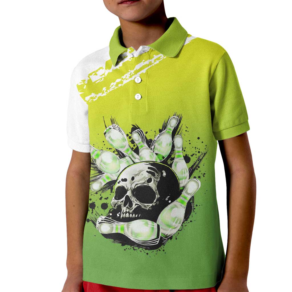 Personalized Skull Bowling Kid Polo Shirt with Neon Green Strike Design - Edgy Bowler Style - Wonder Print Shop