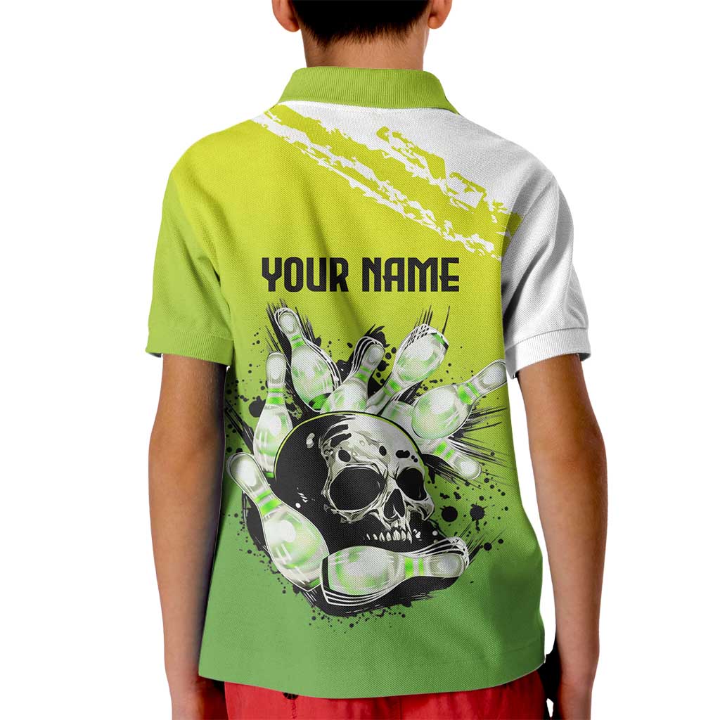 Personalized Skull Bowling Kid Polo Shirt with Neon Green Strike Design - Edgy Bowler Style - Wonder Print Shop