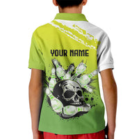 Personalized Skull Bowling Kid Polo Shirt with Neon Green Strike Design - Edgy Bowler Style - Wonder Print Shop