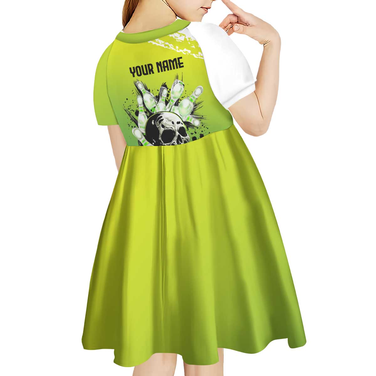 Personalized Skull Bowling Kid Short Sleeve Dress with Neon Green Strike Design - Edgy Bowler Style - Wonder Print Shop