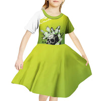 Personalized Skull Bowling Kid Short Sleeve Dress with Neon Green Strike Design - Edgy Bowler Style - Wonder Print Shop